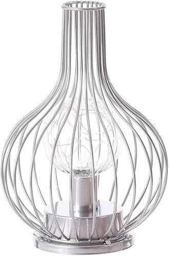 BULZEU Metal Winebottle Table Lamp Vintage Decanter Metal Wire Lampshade Led Light String Bulb Bedside Lamp Reading Lamp Battery Operated for Bedroom, Living Room (Silver)