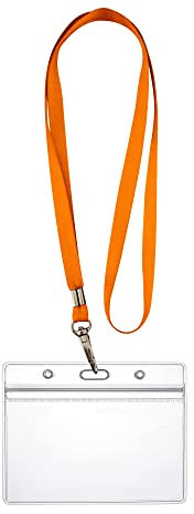 WEBBOMB Ausweishülle ZIP Kartenhalter flexibel horizontal wasserdicht für 1-2 Ausweise und Karten Namensschilder ID-Card Schutzhülle 0,80mm transparent + 360° Umhängeband Lanyard (Orange)