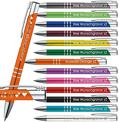 10 x Kugelschreiber mit Gravur | Emojis Gravur möglich | 13 Farben | Werbekugelschreiber mit Wunschgravur | Personalisierte Kulis | 10 Stück PS170 (Orange)