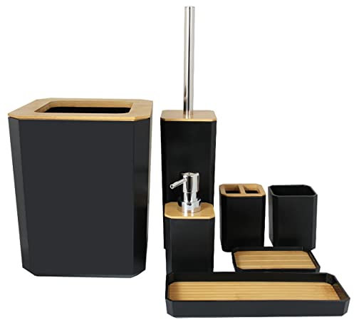 MissFox 7-teiliges Badezimmer Zubehör Set, Seifenspender Set aus Bambus, Badezimmerset mit Lotionspender, Mülleimer, Seifenschale, Zahnbürstenhalter, Zahnputzbecher, Toilettenbürste und Tablett