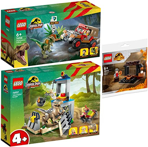 Lego 3er Set: 76957 Flucht des Velociraptors, 76958 Hinterhalt des Dilophosaurus & 30390 Dinosaurier-Markt Polybag