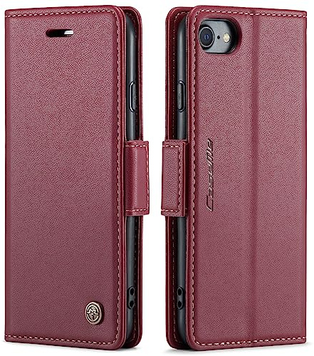 QLTYPRI Hülle für iPhone SE 2022/iPhone SE 2020/iPhone 8/iPhone 7 Handyhülle mit RFID Schutzhülle, Vintage Leder Hülle mit Kartenfach Ständer PU Ledertasche Stoßfeste Flip Wallet Case - Weinrot