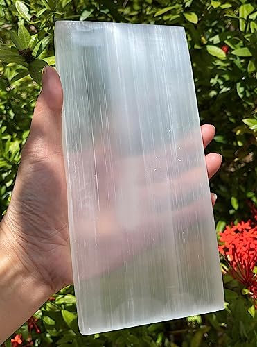 GAF TREASURES Large Selenite Charging Plate - 8 x 4 Inch Polished Selenite Slab, Moroccan Mineral