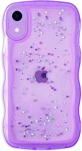 Qokey for iPhone XR Case 6.1 inch Curly Wave Edge Design Transparent Bling Glitter Star Shiny Cute Clear Transparent Full Protection Soft TPU Shockproof Phone Cover for Women Girls,Purple