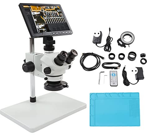 Microscopio Estéreo Trinocular 3.5X-50X, Grabación de Video 1080P Imágenes de 16MP Cámara de Microscopio con Pantalla LCD de 10.1 Pulgadas (Enchufe de la UE)