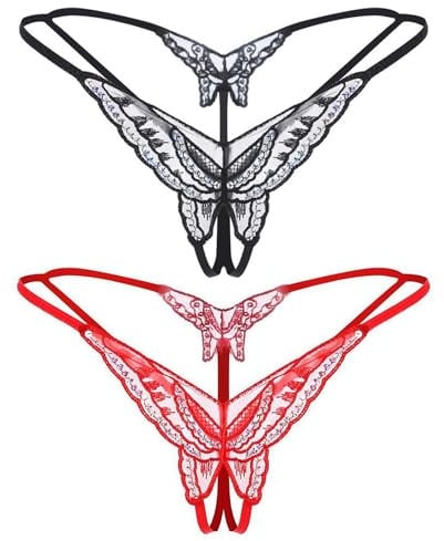 Damen Spitze Sexy Tanga,2 Stück Offener Slip,Sexy Unterwäsche Für Frau Erotisch,Niedrige Taille,Offener Schritt,V-String,G-String,Tangas,Schmetterlingsunterwäsche mit Offenem Schritt (Schwarz, Rot)