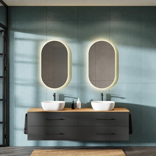 Planetmöbel LUX Badmöbel Set Waschbecken mit Unterschrank 180 cm hängend inkl. 2 Aufsatz-Waschbecken 42 cm weiß, Waschbeckenunterschrank Gold Eiche/Anthrazit