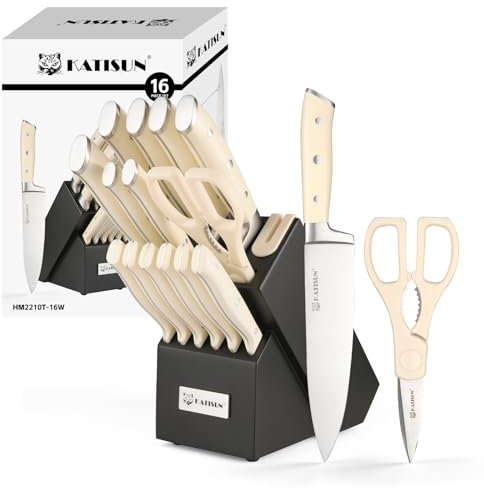 KATISUN Set di coltelli 16 pezzi in acciaio giapponese 420j2, bianco con manici lucidati per il massimo comfort e durata, ceppo con coltelli, set di coltelli da cucina professionali, affilacoltelli