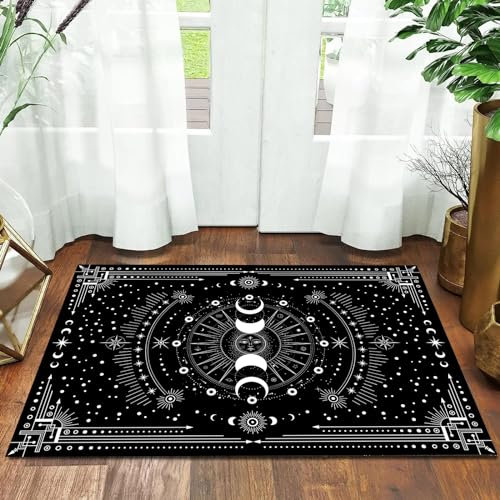 Osimiccp Boho-Teppich mit Sonne und Mond, 2'x3', Schwarz, Rutschfest, für Schlafzimmer, Wohnzimmer, Flur und Diele