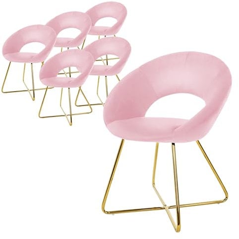 ML-Design Set de 6 Chaises de Salle à Manger, en Velours, Rose, avec Dossier en Demi-Coque Rond, Pieds en Forme de X Métalliques Dorés, Fauteuil Ergonomique de Table à Manger, Chaise Rembourrée