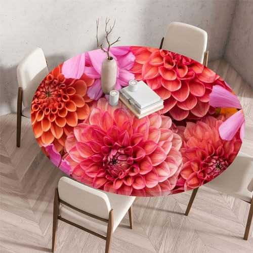 Morbuy Elastische Tischdecke Rund Wasserdicht, 3D Blumen Drucken Tischdecke mit Gummizug Rund Tischdecken Tischtuch Abwischbar Gartentischdecken (Rote Blumen B,Durchmesser 90cm)