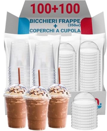 G.M. DISTRIBUZIONE 100 Bicchieri Frappè in PP da 350ml + 100 Coperchi A Cupola in PS, Bicchieri e Coperchi Usa e Getta Trasparenti, Bicchiere Monouso Alta Qualità per Bar e Gelaterie.