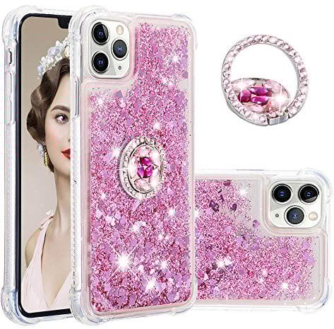 SIYOPINPFY Case for iPhone 11 Pro Max Case with Diamond Ring Stand for Women Girls, Sparkly Flowing Liquid Quicksand Cover Shockproof Drop Protection Case for iPhone 11 Pro Max, Rose Gold Ring YBR