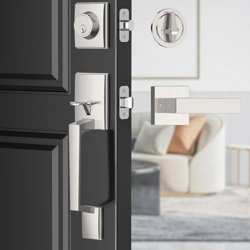 MAXECURITY Nickel Modern Door Lock Set - Reversible Left&Right Lever with Satin Exterior Handle