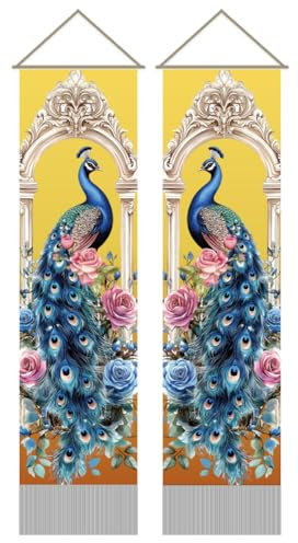 AHANDMAKER 2 Stück Pfauen Wandteppich. Langer Vertikaler Wandteppich Mit Pfauen Und Rosenmotiv Wandteppich Mit Pfauenquaste Mystischer Ästhetischer Wandteppich Für Zuhause (45,7x13 Zoll)