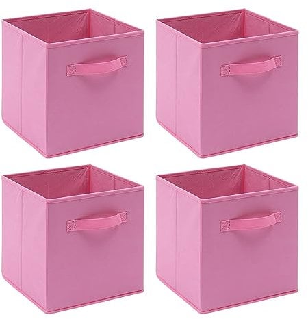 Homullel Foldable Storage Cube Boxes Set of 4, Storage Unit Box with Handle/Eyelet, Collapsible Storage Bins Organiser for Shelf Closet Organization (With Handle, Pink)