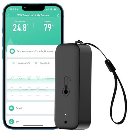 Termómetro higrómetro inteligente: resistente al agua, sensor de humedad y temperatura con notificación de alarma por aplicación, sensor WiFi para interiores y exteriores, fit con Alexa (Black,1PC)