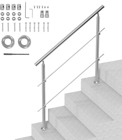 VEVOR Pasamanos de Escalera 120 cm Barandilla de Escalera para Escalones Exteriores de Acero Inoxidable 2 Travesaños con Kit de Instalación Barra de Agarre para Personas Mayores, Porche, Patio