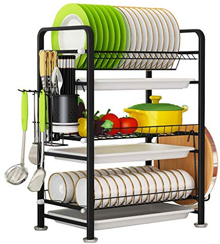 Escurridor de platos de acero inoxidable negro de 3 niveles con escurridor y almohadillas ajustables resistente para encimera de cocina con ganchos móviles
