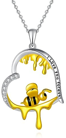 Fryneauy Biene Honig Honigwabe Halskette 925 Sterling Silver Pendant Necklace Honig Wabe Herzform Charme Biene Geschenke für Frauen