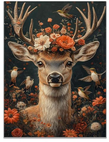 TODOAA Rot Tier Wand Kunst Drucke, Weihnachten Elch Blumen Modern Schlafzimmer Wohnzimmer Leinwandbilder -Wandbild Kunstdruck Wand Bild auf Leinwand Badezimmer-30x40cm Ungerahmt