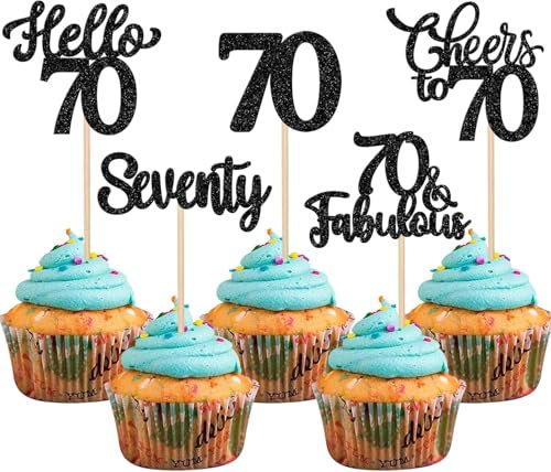 30 Stück 70th Geburtstag Tortendeko Glitzer Hello 70 Cheers to 70 Cupcake Toppers 70 & Fabulous Seventy Kuchen Deko für Prost auf 70 Geburtstag Jahrestag Party Kuchen Dekoration Schwarz