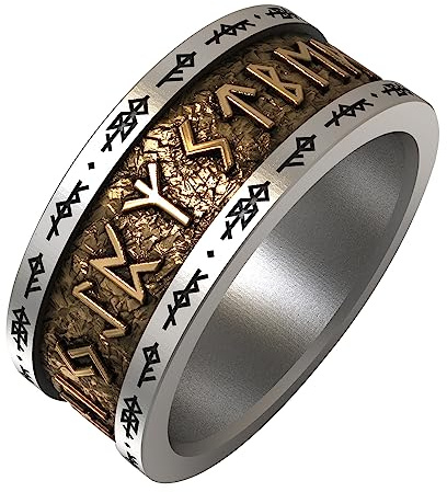 QTYQWC Nordischer Wikinger-Runenring für Männer und Frauen, zweifarbig, 925er Sterlingsilber, Elder Futhark-Ring, Runen-Alphabet-Ring, Bandgröße 8–13
