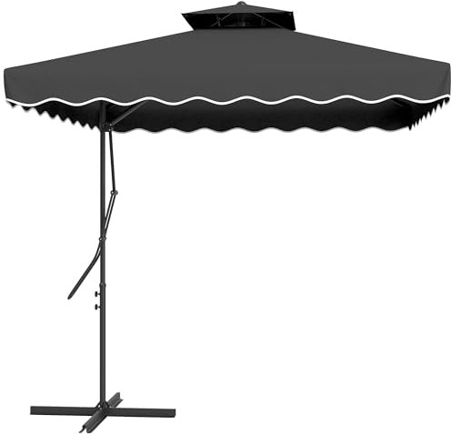 Outsunny 2.5m Cantilever Parasol with Easy Lever, Square Double Top Garden Parasol Umbrella with Ruffles and Cross Base, Overhanging Outdoor Sun Shades, Black