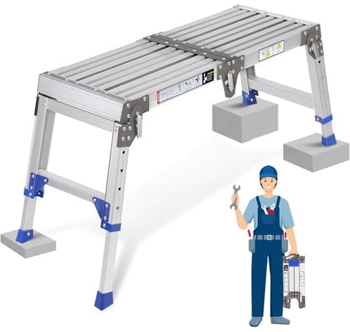 Verbesserte Alu Arbeitsplattform Klappbare bis 362 kg, Arbeitsbühne, Verstellbare Aluminium Stufenleiter Plattformleiter mit Sicherheitsschlössern, Treppenpodest