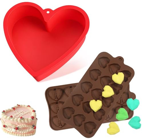 NCOALE 3 Stück Silikon Backform Herz, Silikon Herzbackform Tortenform Herzform set mit 2 Stück 15-Kavität Silikonformen für Herzkuchen Pudding Schichtkuch