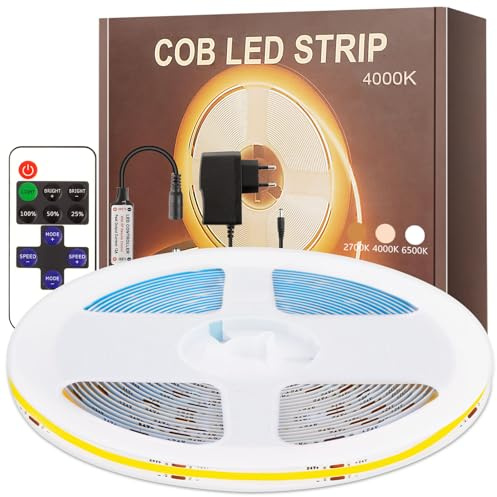 PSTAR COB LED Streifen 6M, Neutralweiß 24V LED Strip 4000K, mit Netzteil und RF Fernbedienung, 8mm Breit Lichtband Selbstklebend für Schlafzimmer, TV, Küche, Wohnzimmer, DIY