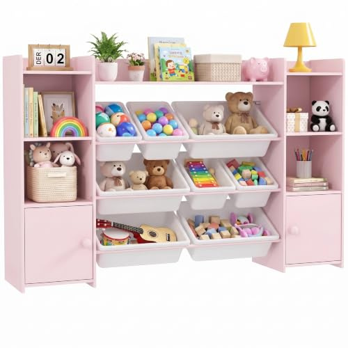 AIYAPLAY Kinderregal mit 8 Aufbewahrungsboxen 4 Fächern 140x30x90cm Rosa | Spielzeugregal, Bücherregal, 2 Schrankfächer, für Kinderzimmer, Spielzimmer, Wohnzimmer