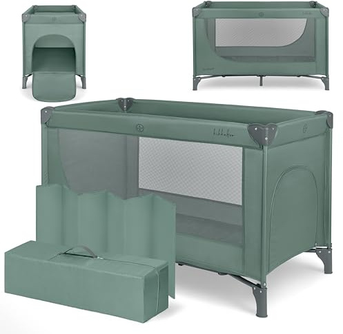 KikkaBoo Reisebett Baby SO Gifted 2026, Kinderreisebett 120x60 cm, bis 15 kg, Faltbar & Kompakt, Tragbar mit Transporttasche, Zusammenklappbar für Reise & Urlaub, Grün, Cot