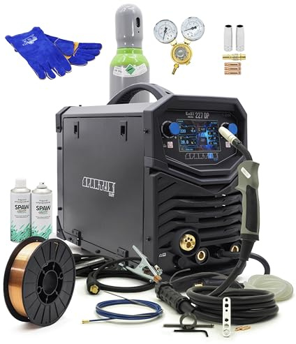 Spartus EasyMIG 227 LCD Set – MAG Schweißgerät mit Schutzgasflasche, Edelstahl & CO2-Draht – 4-Rollen-Antrieb – 230V 220A Inverter Komplett Bestschweissen.de