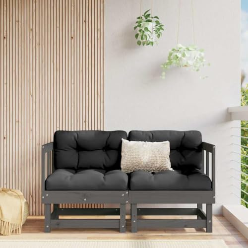 Mandloder 2er Ecksofa Set Grau Massiv Kiefernholz, Modulares Gartensofa Outdoor Lounge Möbel mit Bequemen Schwarzen Kissen, Terrassenmöbel für Balkon & Gartenbereich