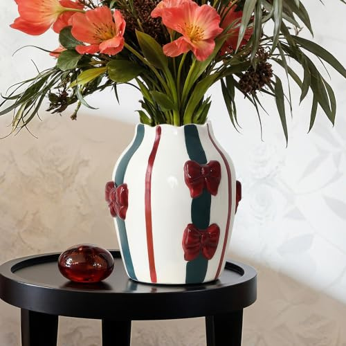 Hometopia Keramikvase Modern – Gestreifte Dekovase für Frischblumen, Trockenblumen & Pampasgras, Elegante Tischvase mit 3D-Schleifen, Bunte Deko Vase 21cm