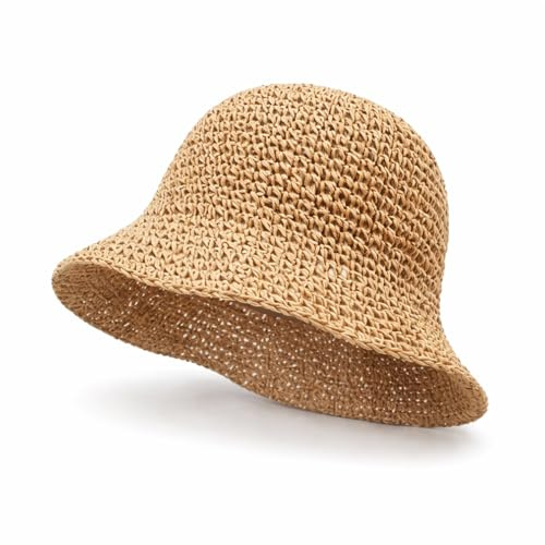 KxrTpx Straw Hat, Sun Hat and Beach Hat for Women, Foldable Sun Hats for Women UK, Ladies Sun Hat and Panama Hat, Straw Cowboy Hat Women in Khaki M Size 54-58 cm