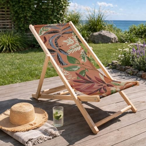 HAGO24 Strandliege Tropical Sonnenliege Gartenliege Liegestuhl Klappstuhl Holz Kiefernholz Polyester 3fach verstellbar faltbar Balkon Terrasse 120kg