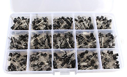 HALJIA 600Pcs 15 Kinds of Transistor TO-92 NPN PNP 40~160V 50~600mA NPN PNP Assortment Kit Set, Model: A1015 C945 C1815 S8050 S8550 S9012 S9013 S9014 S9015 S9018 2N2222 2N3904 2N3906 2N5401 2N5551