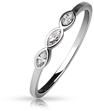 Bungsa 49 (15.6) Schmaler Kristallring Damen mit 3 Zirkonia Steinen Marquise Schliff 49 52 54 57 60 (Ring Frauen Brass Fingerring Partnerringe Verlobungsringe Trauringe Damenring Brassring)