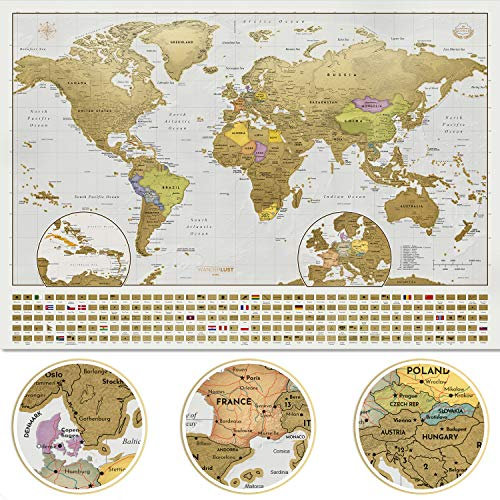 Wanderlust MAPS Weltkarte Zum Rubbeln mit Geschenkröhre + Bonus Europa-Rubbelkarte