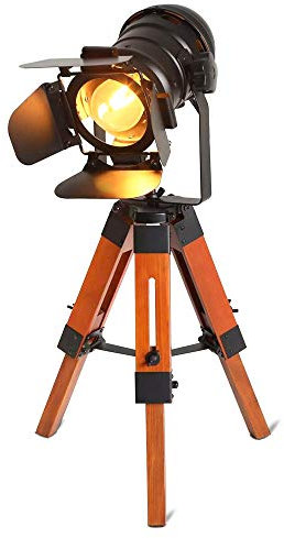 BarcelonaLED Lampe de table de cinéma ajustable vintage - Nautique Noir Style rétro Trepied Projecteurs trépied en bois Lampadaire Cinéma Accesoires de Cinema