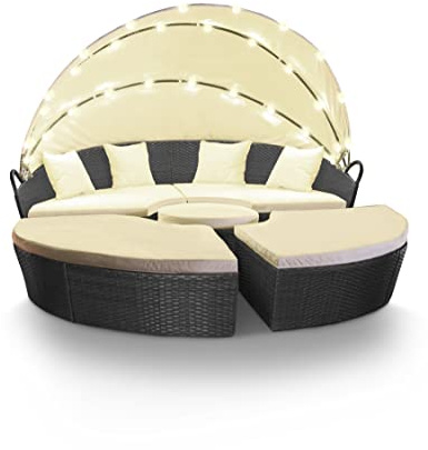Swing & Harmonie Sonneninsel - Poly Rattan Lounge - mit LED Beleuchtung - Hochwertige Garten-Couch - Outdoor-Chill-Lounge - Couchliege Garten - Sunbed - (210cm, Schwarz)
