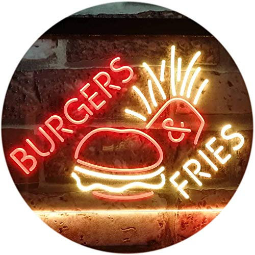 ADVPRO Burgers & Fries Fast Food Open Shop Dual Color LED Barlicht Neonlicht Lichtwerbung Neon Sign Rot & Gelb 400 x 300mm st6s43-i3192-ry