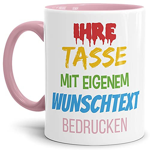 Tasse selbst gestalten/mit eigenem Text beschriften/Wunsch-Name/Spruch-Tasse/Innen & Henkel Rosa/Motiv für Rechtshänder sichtbar