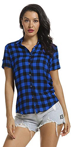 Aeslech Chemise Femme Chemisier à Carreaux Chic Boutonnée Manche Courte D'été Bleu Noir Tag L