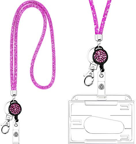 Glitzernder Schlüsselbund mit transparentem Ausweishalter und Schlüsselanhänger, glitzernde Strasskristalle, für Schlüssel und Ausweis (Rosa)