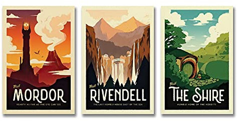 KKMM Lot de 3 affiches de voyage rétro Le Seigneur des Anneaux - Poster vintage LOTR - Impression sur toile - Décoration murale moderne pour chambre à coucher - 30 x 45 cm - 3 pièces