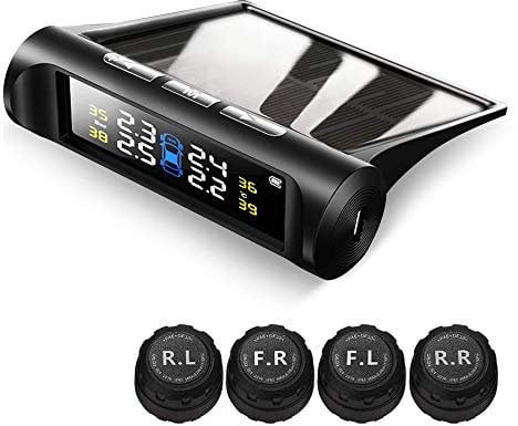 Tire Pressure Monitoring System TPMS, Solar Power Universal Wireless Car Alarm System with 4 External Sensors, LCD Real-time Display 4 Tires' Pressure & Temperature Alerts Ensure Safe Driving
