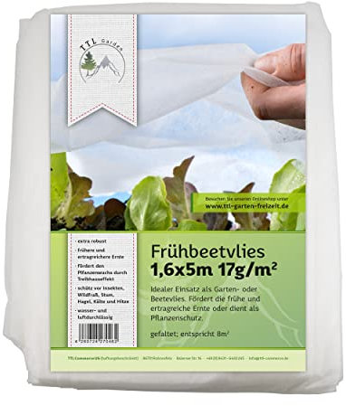 TTL Garden 8m² 1,6m x 5m Frühbeetvlies 17g/m² - atmungsaktives Wachstumsvlies Hochbeetvlies Frostschutz für Beet, Abdeckvlies Insektenschutz Vlies für Beete zum Schutz vor Frost & Schädlingen